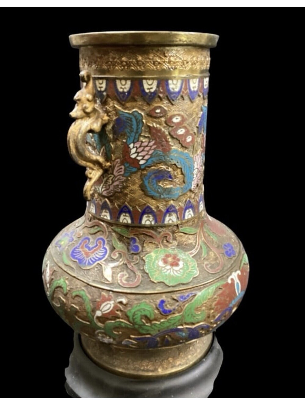Vtg Japan Bronze Champleve Vase Flower & Dragon Design 16in